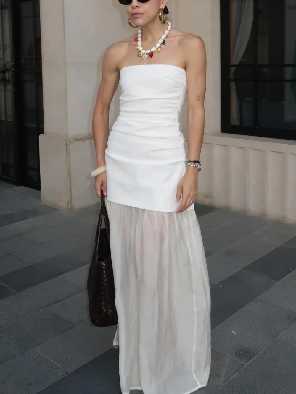 

Summer new style women's off-shoulder midi dress fashionable side zipper long resort style pleated patchwork maxi dress elegant