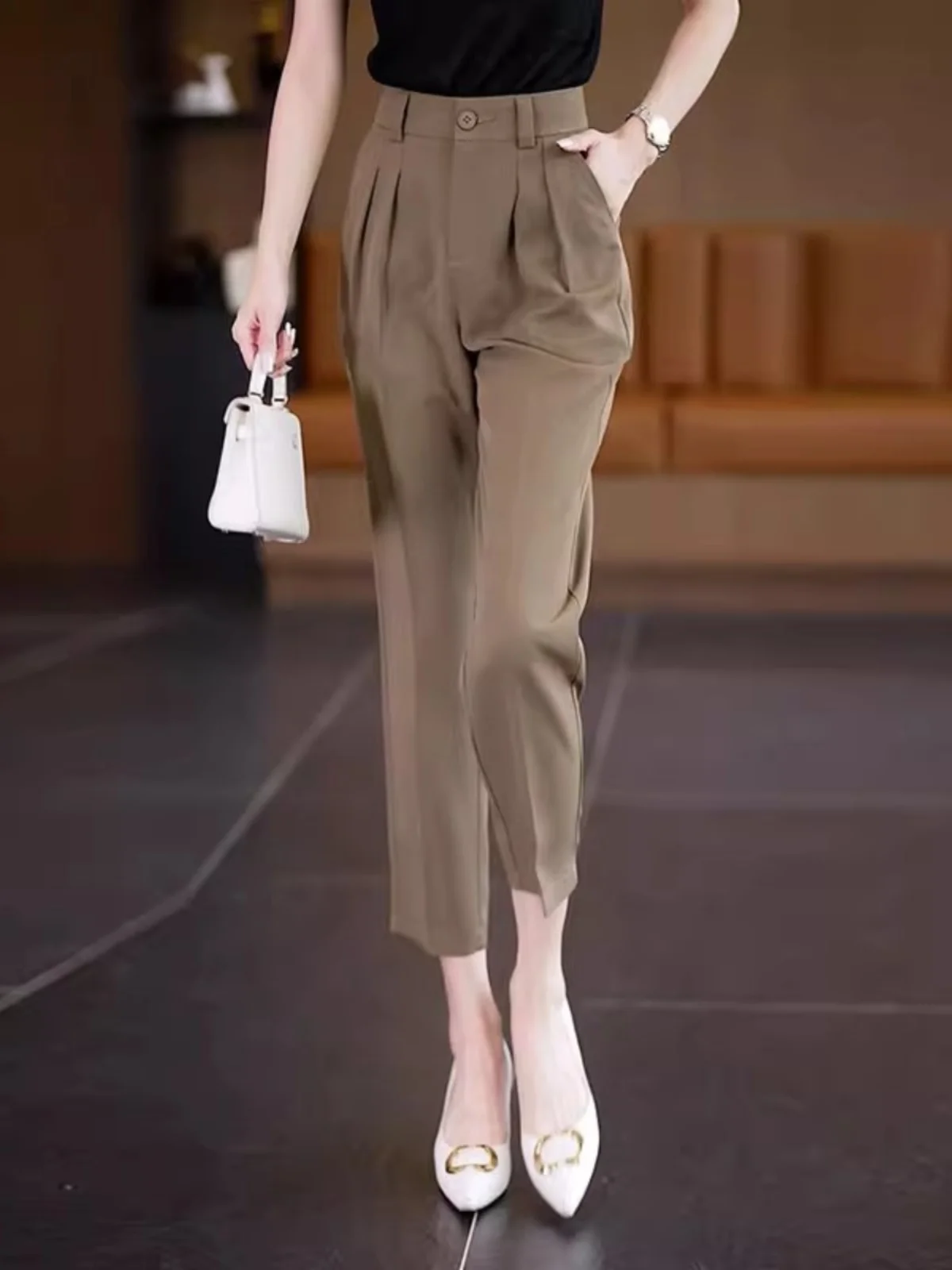 

Женские осенние профессиональные брюки прямого кроя с высокой талией цвета хаки, укороченные, пошив на заказ, для деловых женщин