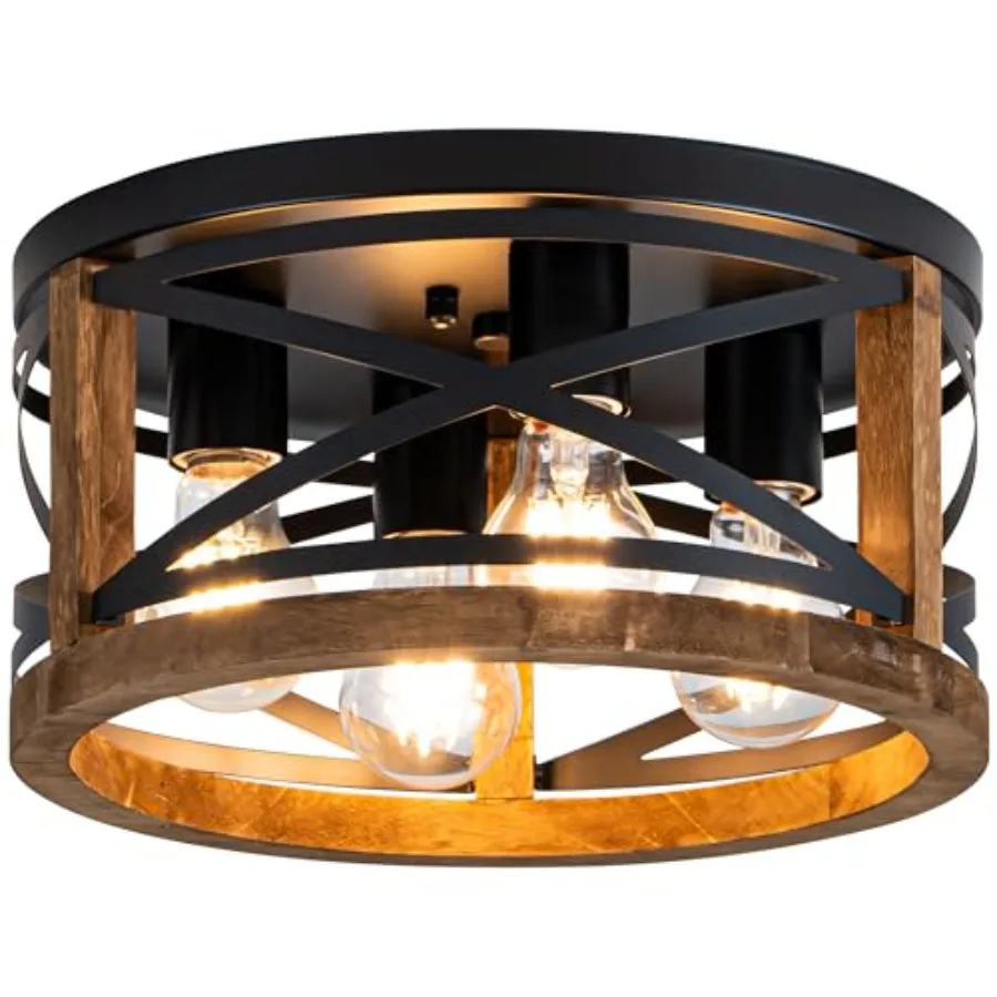 Farmhouse Light Fixtures, 4-Light Round Flush Mount Ceiling Light with Wood and Metal Frame, Black Rustic Ceiling Light for Hal