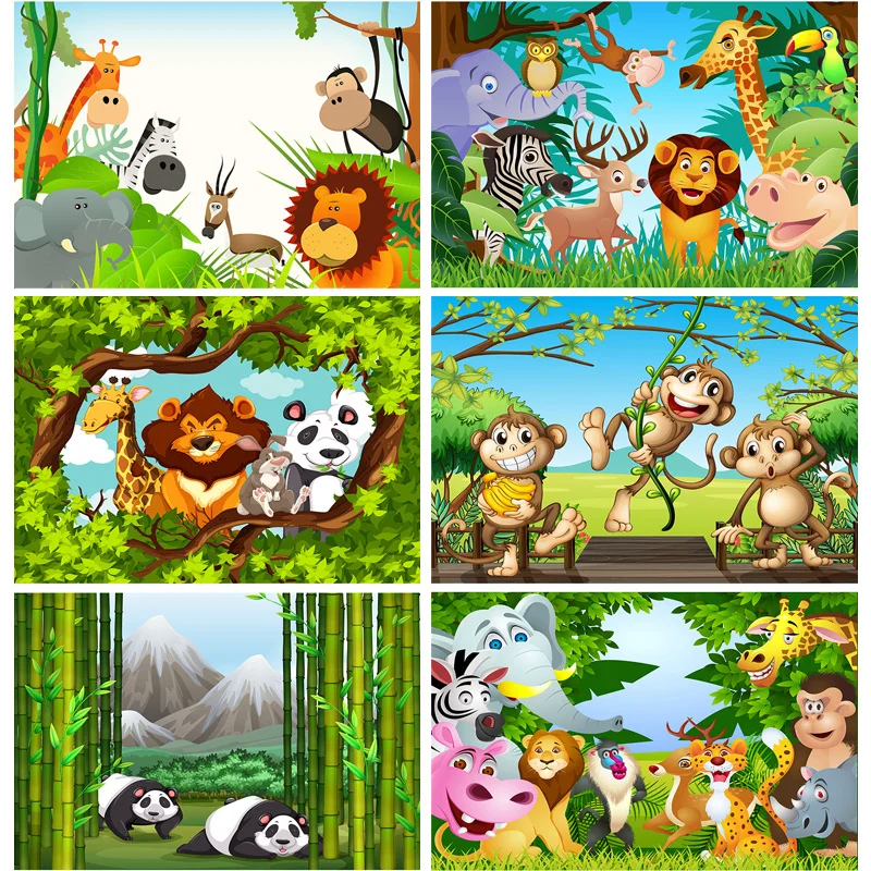 Cartoon Jungle Safari Festa di compleanno Baby Family Shoot Poster Foto Fotografia Sfondo Studio Puntelli 21915 KTT-01