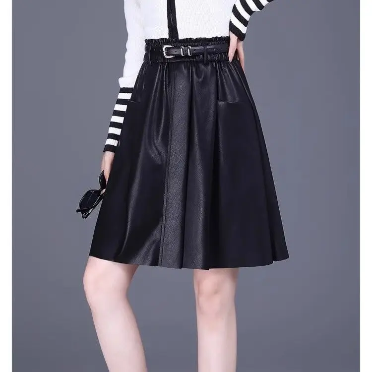 Women's High Waist A-Line Skirt PU Leather Stretchy Slim Fit Versatile Autumn Winter Skirts