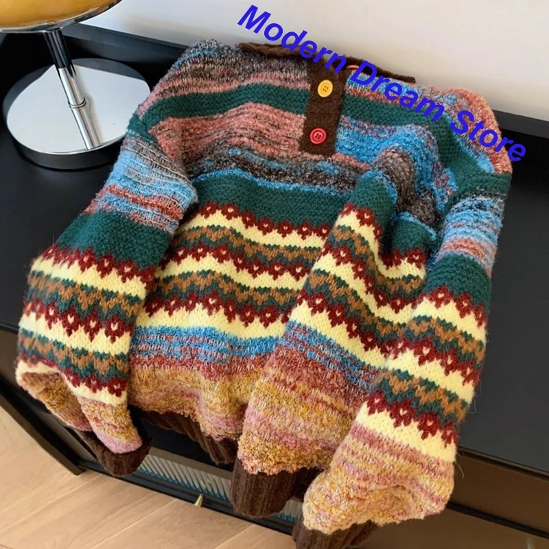 French Retro Color Contrast Lapel Pullover Women's Autumn and Winter New Fashion Lazy Wind Loose Slim Joker Wear Knitted Tops. 4