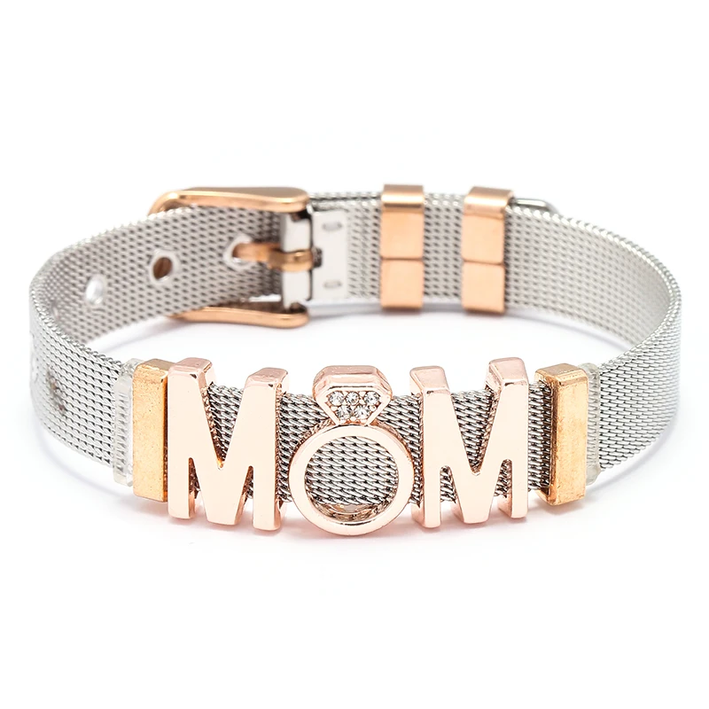 Mother's Day Dropshipping Jewelry Globe MOM Slide Charm Keeper Fine Bracelets Hollow Heart Stainless Steel Mesh Bracelets for