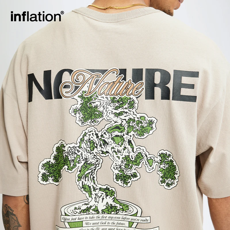 

ИНФЛЯЦИЯ 250 г зеленая футболка с растительным принтом и трещинами для мужчин в стиле ретро, уличный стиль, тяжелая повседневная футболка с коротким рукавом
