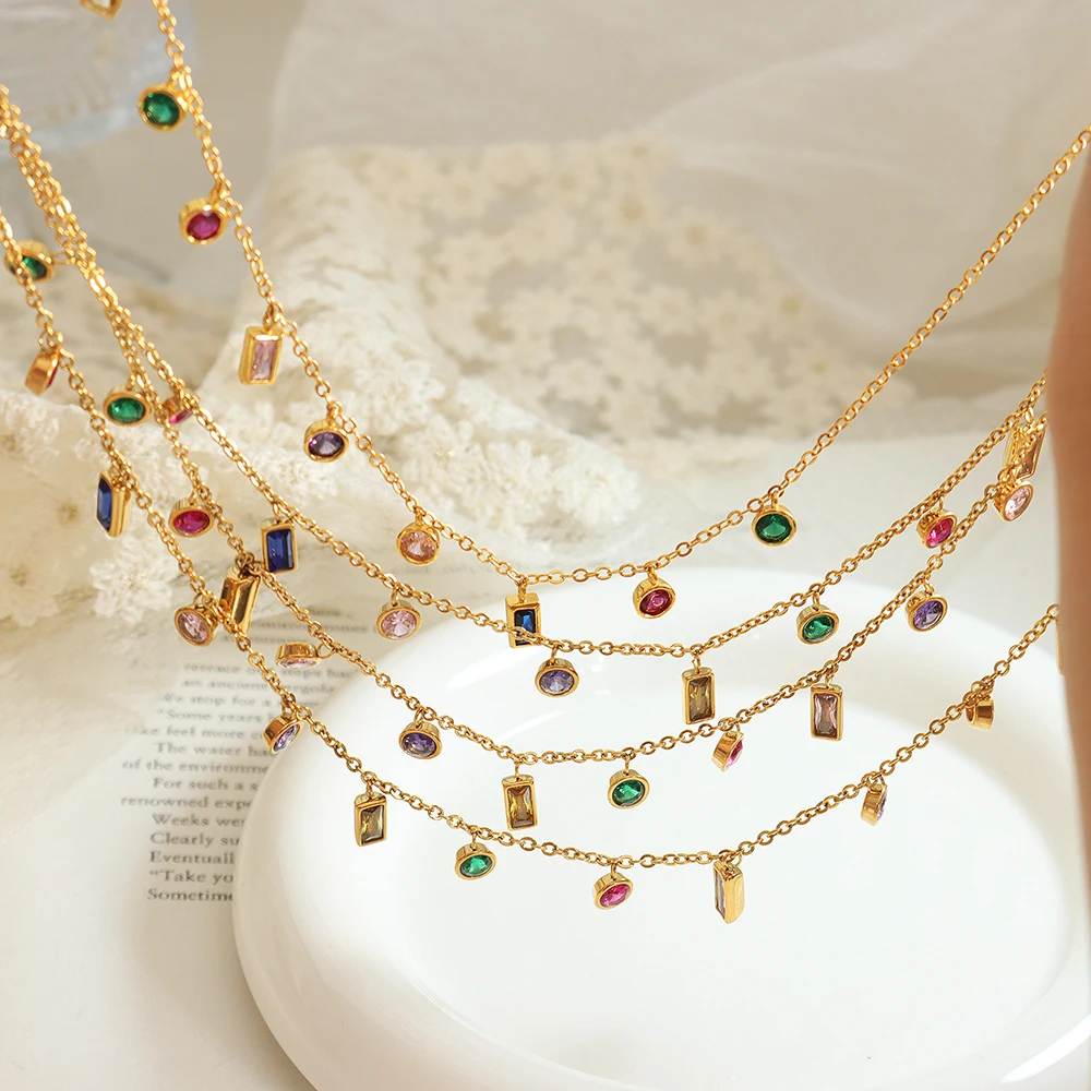 Colorful Zircon Necklace Bracelet Set Summer Girls Jewelry Personality Pendant Stainless Steel Colorfast Accessories Wholesale