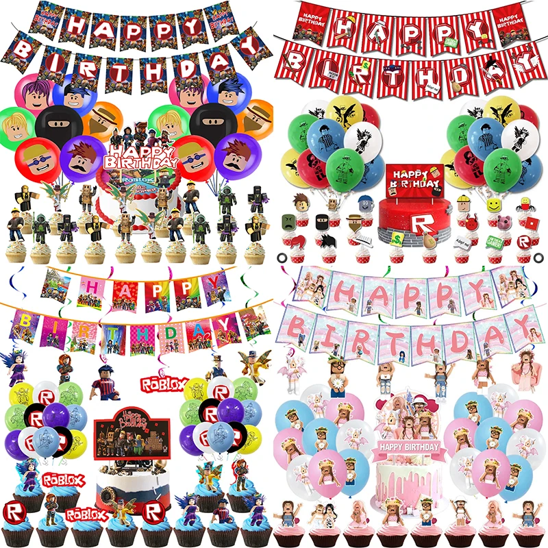 

New ROBLOX Birthday Party Decoration Pull Flag Banner Balloon Cake Topper Set Party Supplies Girls Kids Boys Favor Gift Game DIY