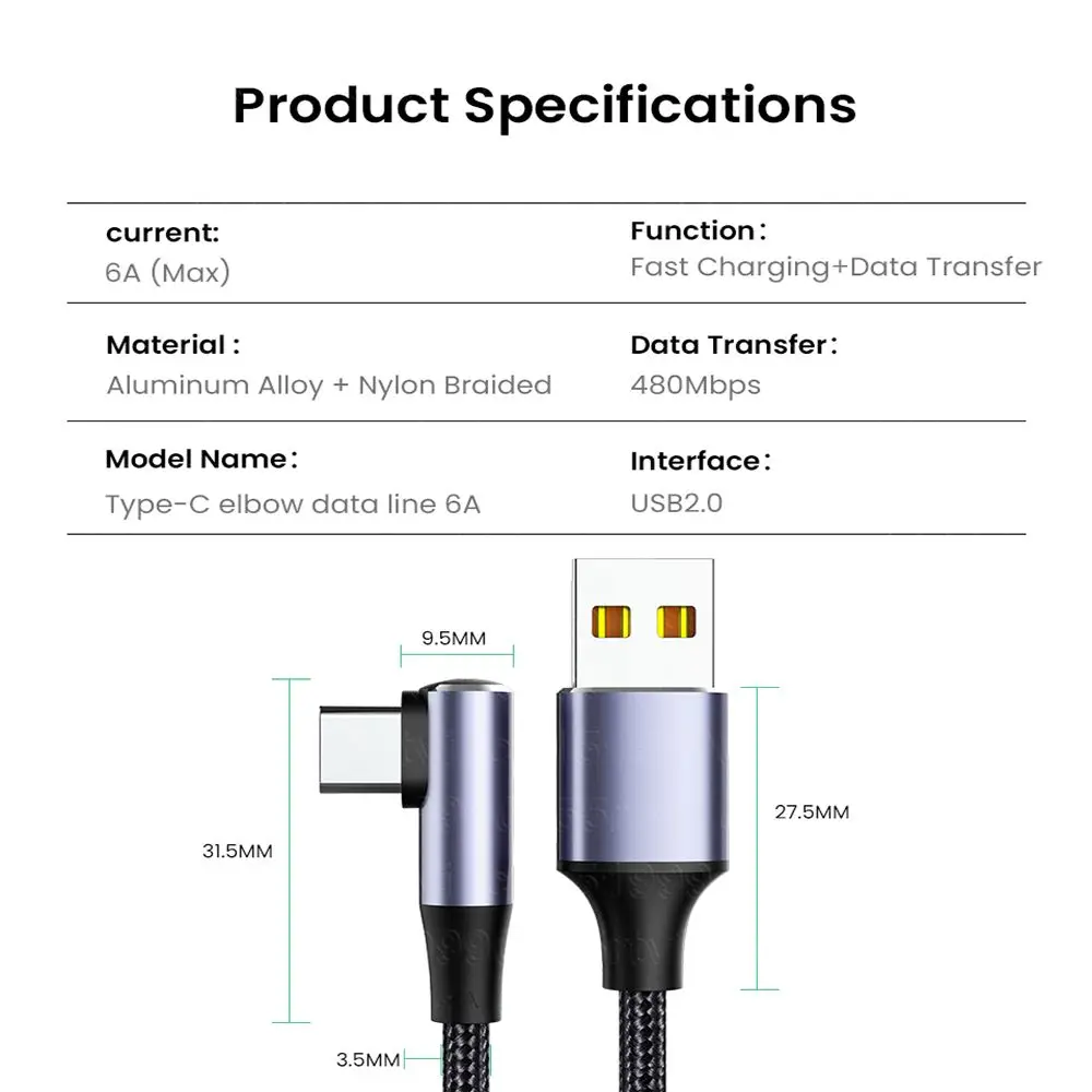 4.0 Right Angle Wire 90 Degree Data Cable 100W PD Fast Charging Line USB A to USB Type C Cable For Laptop Mobile Phone