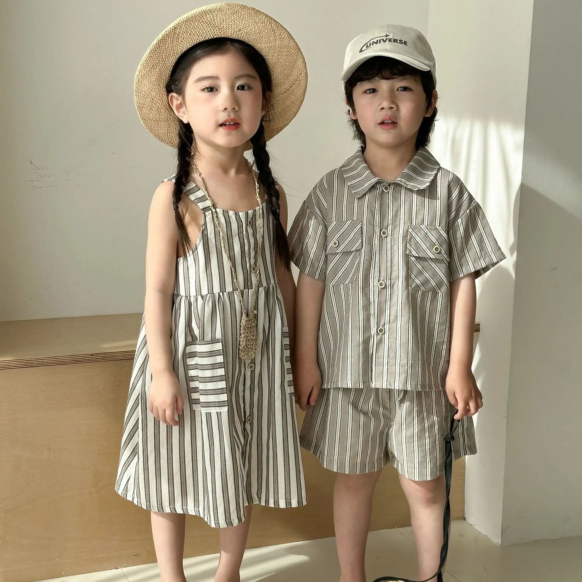 

Kids Set Brother and Sister Clothes Summer New Striped Baby Girl Suspender Dress Or Boys' Suit Stripe Shirt Shorts Set Outfit