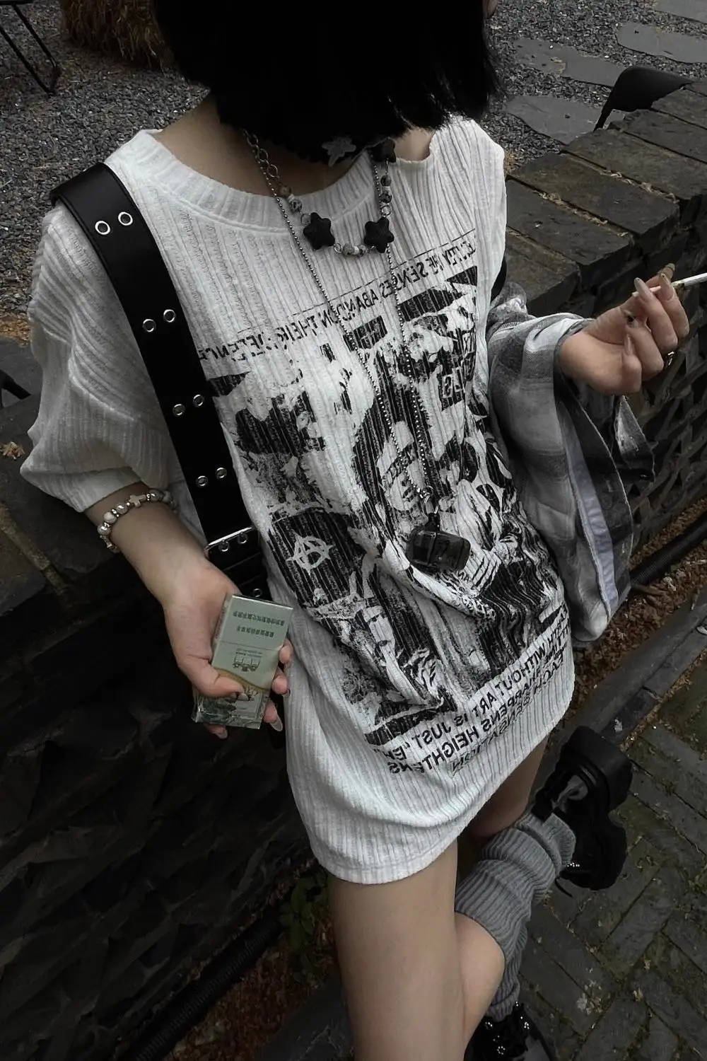 Fashion 2026 Off Shoulder Textured T-shirt Women Punk Subculture Printed Short Sleeved Knit Top Summer New Trend