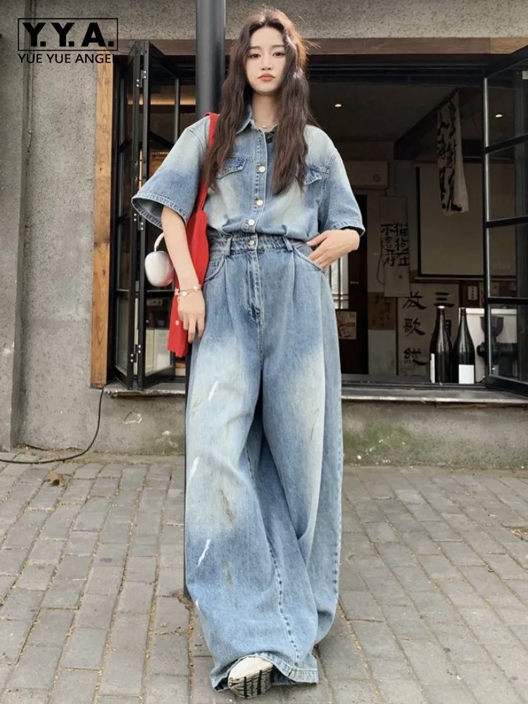 

Summer Women Short Sleeve Casual Denim Jumpsuits High Waist Hollow Out Fashion Single Breasted Female Wide Leg Cargo Rompers