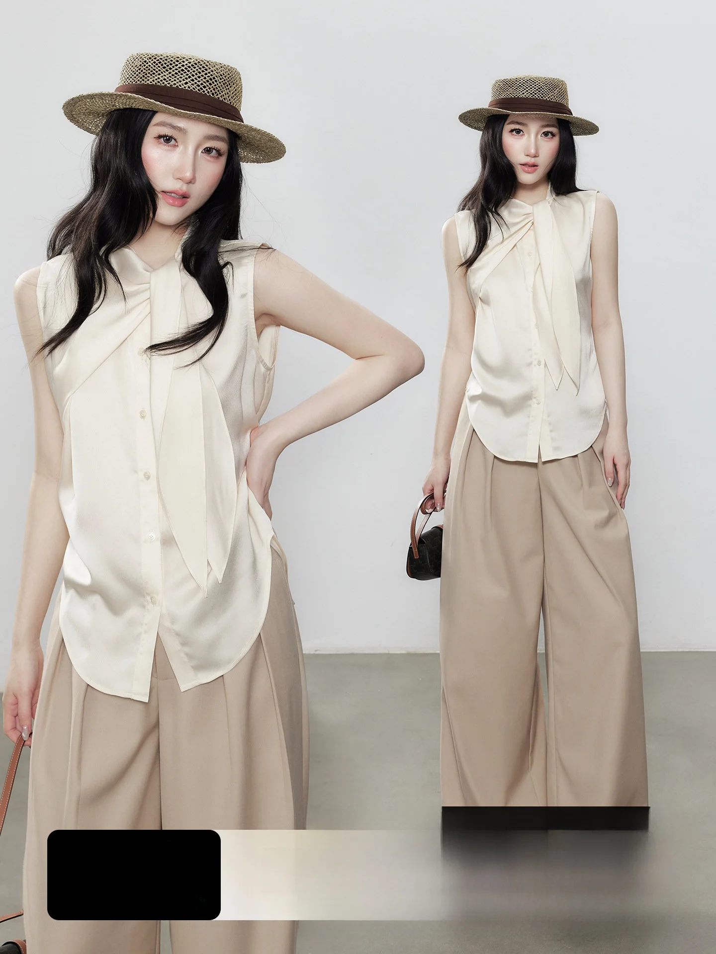 

Champagne Color Satin Vest Women's Summer irt Top Belt Design Slimming High-End Versatile Polyester Midi Length Svel