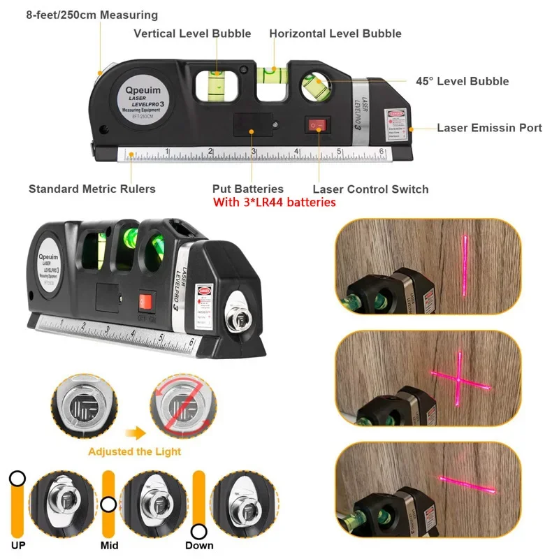 Laser Level Horizon Vertical Measure 8FT Aligner Standard and Metric Rulers Multipurpose Measur