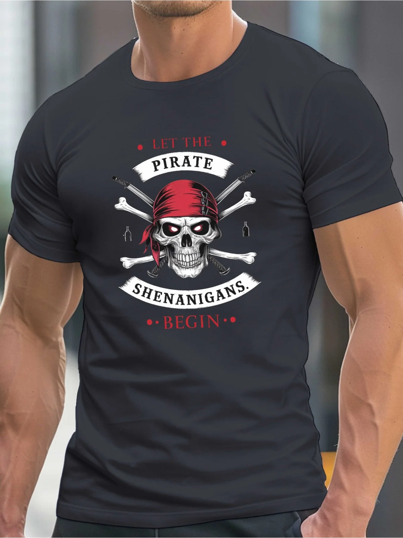 Pirate Skull Shenanigans Banner Men'S Casual Crew Neck Short Sleeve T-Shirt | Plus Size, Slight Stretch Fabric, All-Season, Perf