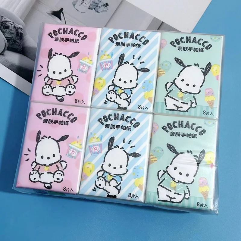 Sanrio Paper Towels 18pcs Kawaii Hello Kitty Pochacco Cartoon Printed Handkerchief Portable Toilet Paper Cute Girl Birthday Gift