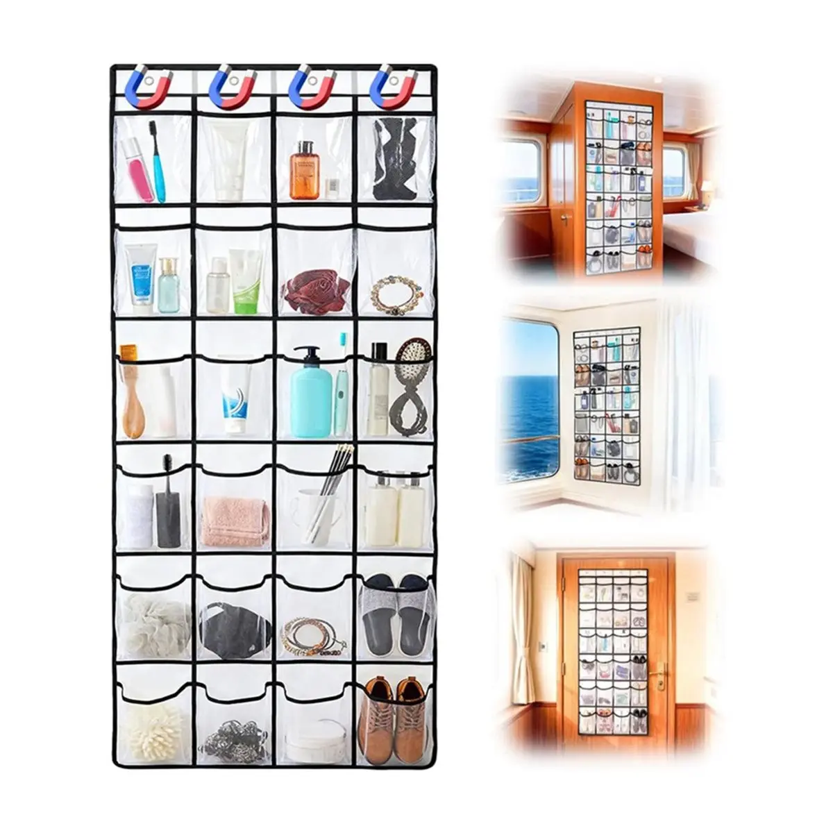 A1879K Over the Door Organizer for Cruise Ship 24 Pocket Magnetic Door Organizers with 4 Metal Hooks and 4 Strong Magnets Door S