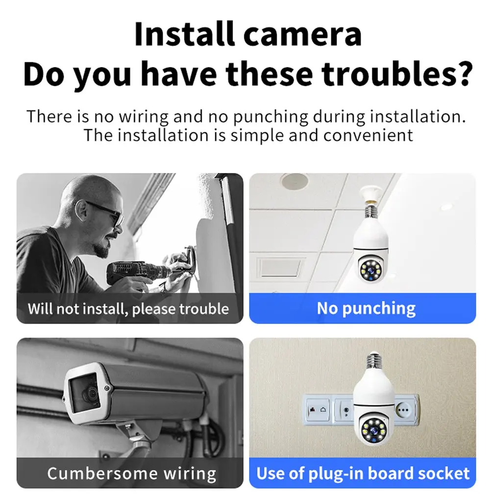 1080P لمبة كاميرا E27 نوع المسمار ليلا ونهارا كامل اللون الإضاءة عالية الوضوح كاميرا مراقبة ضوء مزدوج 360 دوران