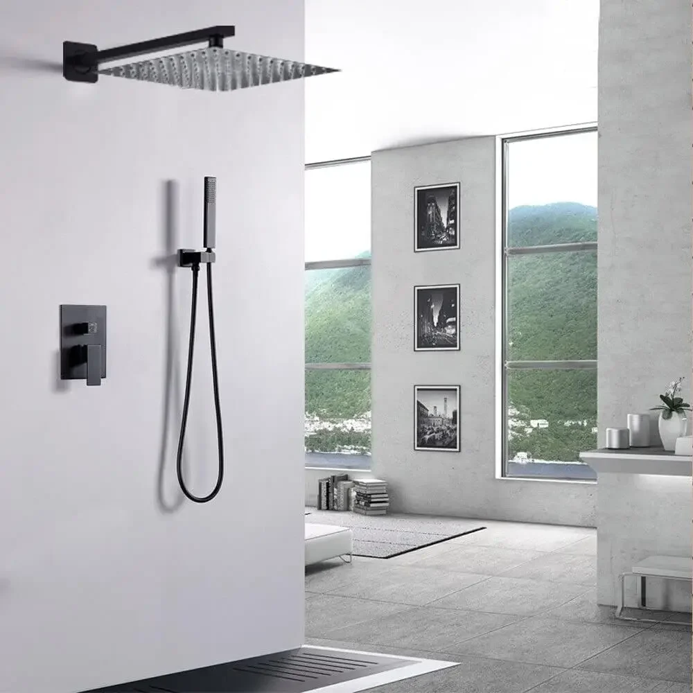 Thermostatic Shower Column, Recessed Shower Set with Shower Mixer 30 x 30 cm and Shower Head, Black