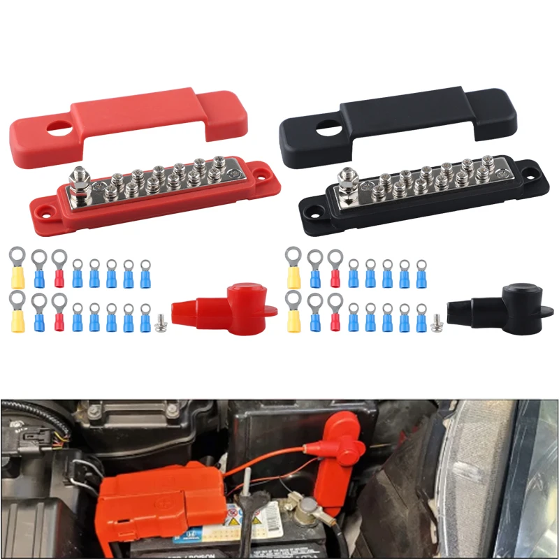 12Pcs Terminal Distribution Block Bus Bar DC 48V 12P Wiring Bars Busbar with Covers + Ring Terminals for Automobiles RV Yacht