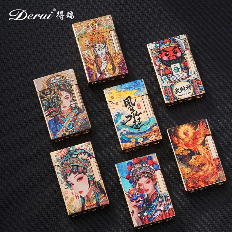 DERUI Loudspeaker Color Printed New Side Sliding Open Flame Lighter, Metal Inflatable Men's Light Luxury Cigarette Holder Gift