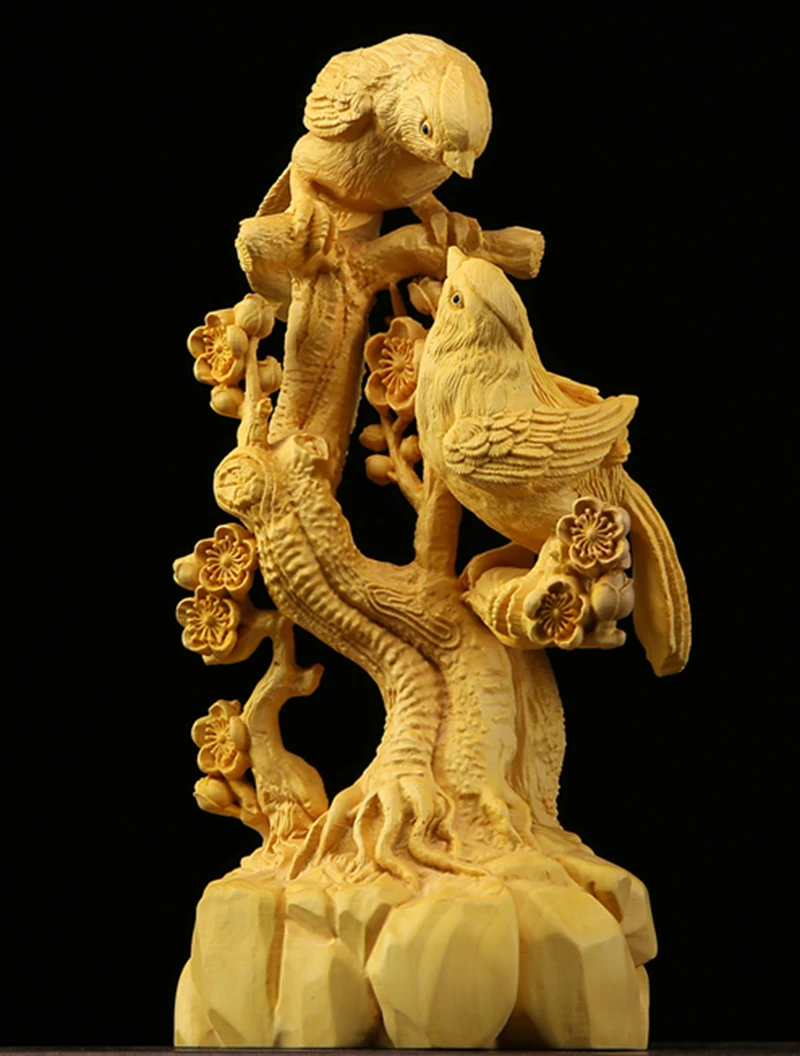 

YD017 - 17 X7.5 X 5.6 CM Carved Boxwood Figurine - Magpie Birds on Tree