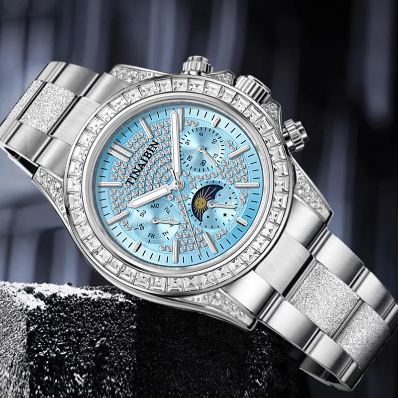 2025 جديد TINAIBIN الماس الجليد الأزرق جودة عالية رجل الساعات التلقائية الميكانيكية القمر توربيون ساعات المعصم #1