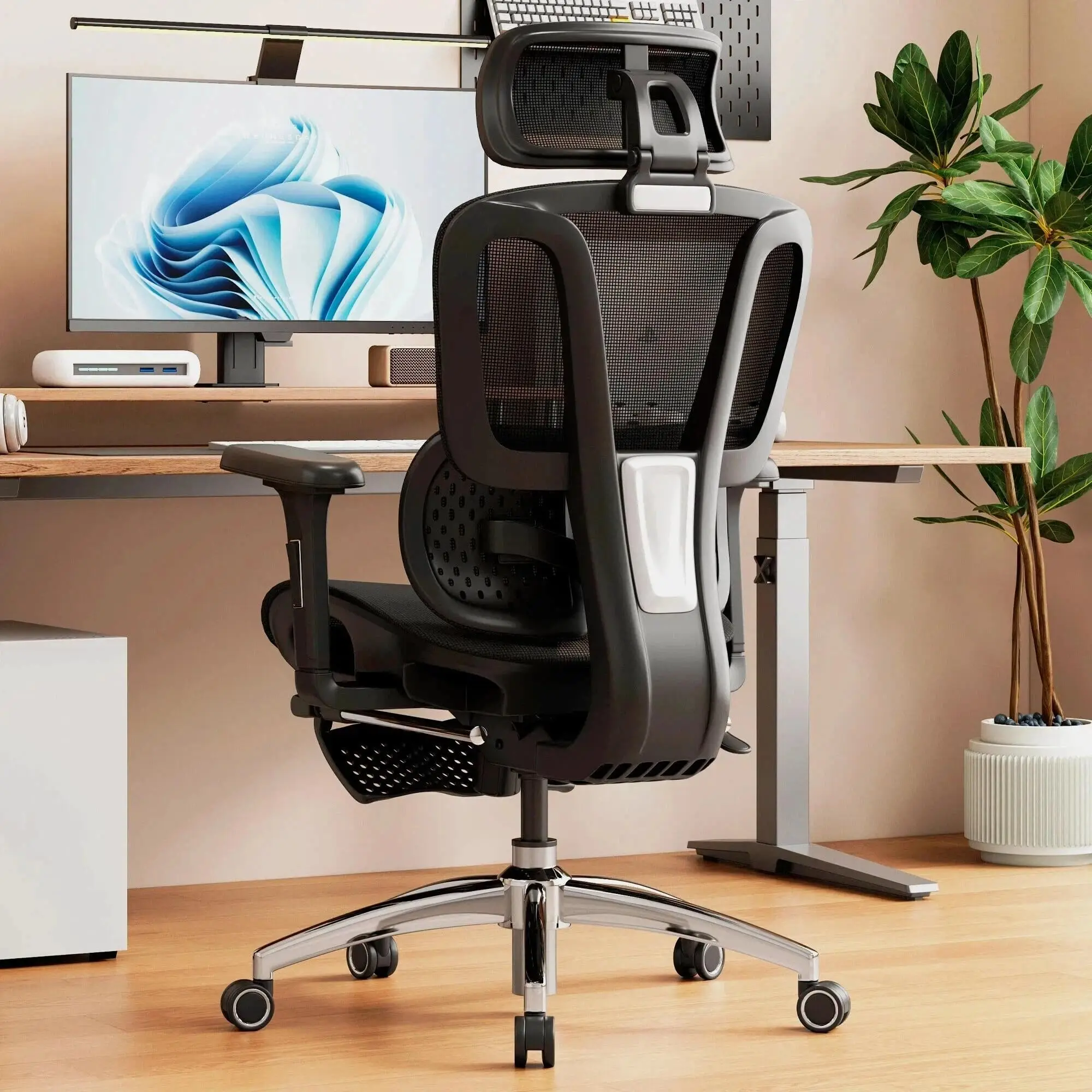 Ergonomic Office Chair with Footrest, Desk Chairs with Dynamic Lumbar Support & Adjustable Depth Breathable Mesh Seat
