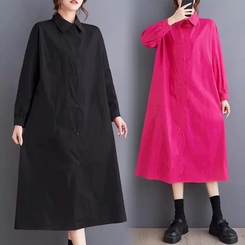 

Lapel Collar Autumn Outfit 2024 New Korean Fashionable Shirt Dress Temperament Trendy Large Size Medium Long Casual Dress K2090