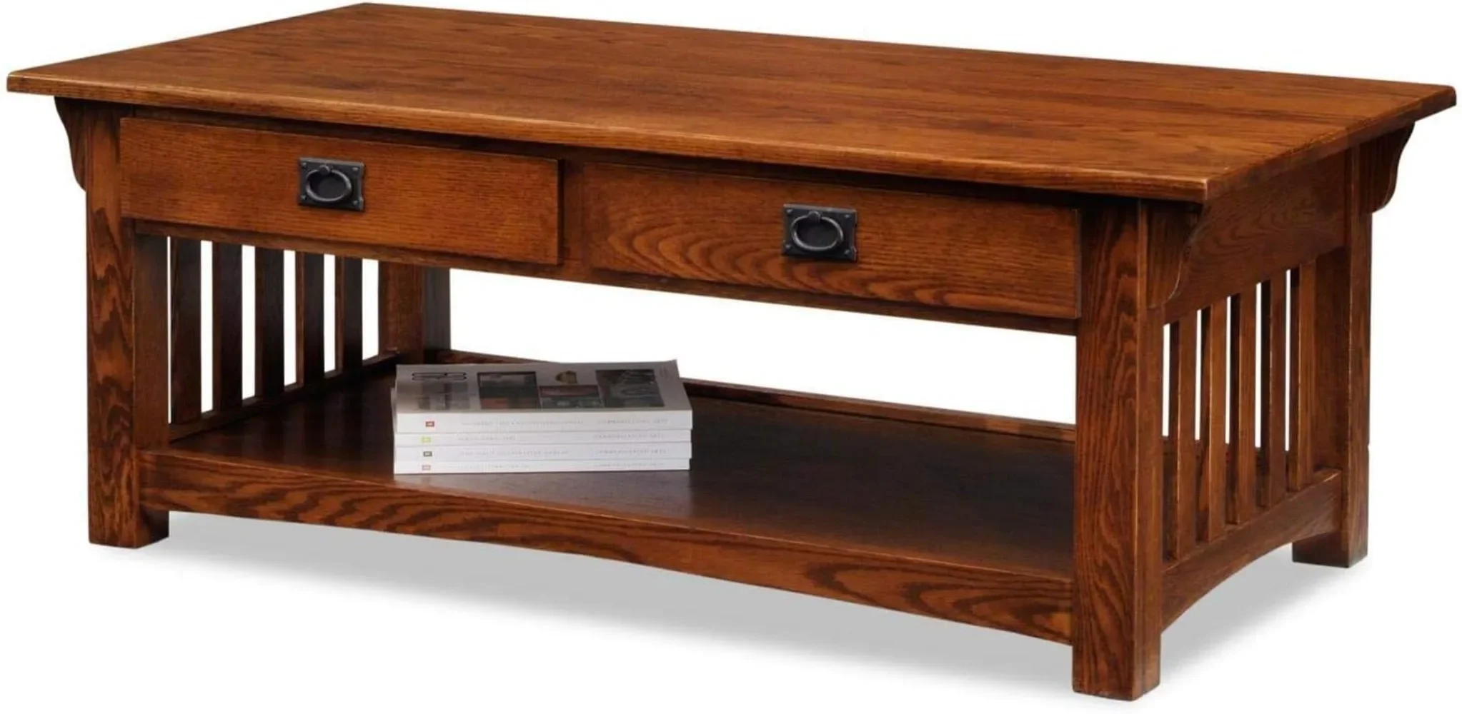 Leick Home 8204 Mission Impeccable Coffee Table for Living Room, Two Drawers and Shelf, Made with Solid Wood, Medium Oak Finish