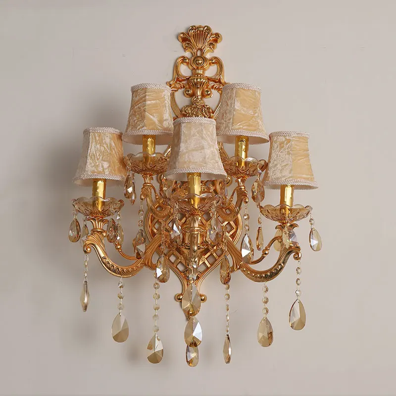 5 Heads European Crystal Wall Lamp Fabric For Indoor Living Room Bedroom Wall Light Creative Corridor Hallway Wall Sconce