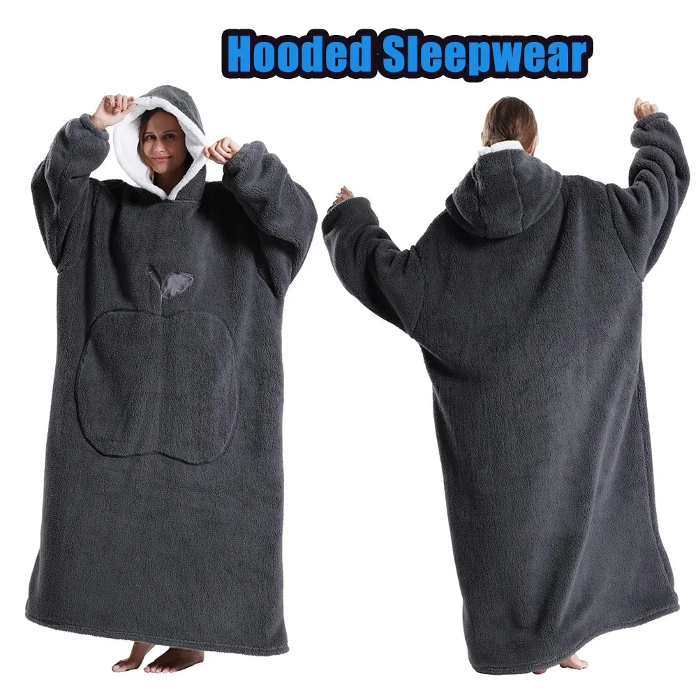 

Women Wearable Blanket Hooded Sleepwear Double Sided Sherpa Fleece Long Sleeve Loungewear Pajamas Nightgown Winter Gift Homewear