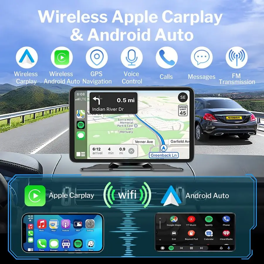 شاشة Apple Carplay للسيارات، شاشة لمس ستيريو محمولة عالية الدقة 7 لهاتف Apple CarPlay amp Android Auto مع كاميرا احتياطية مرآة #2