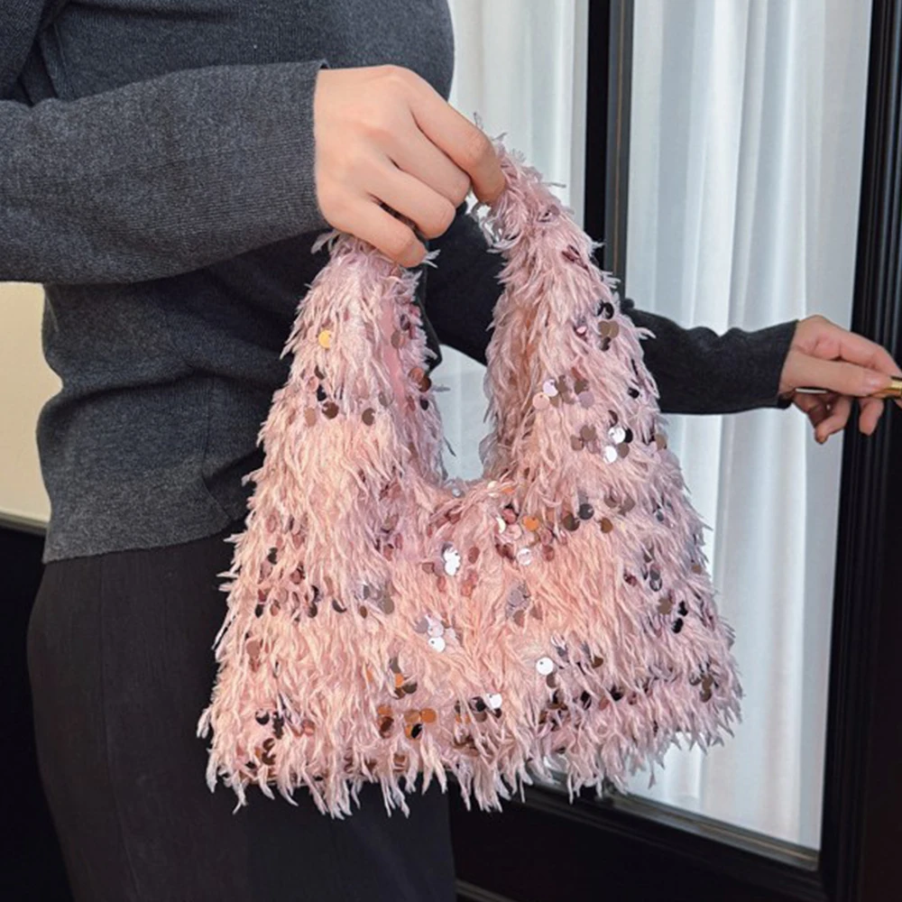 

Мягкая плюшевая сумка на запястье НОВАЯ сумка через плечо с блестками Сумки-тоут из овечьей шерсти для женщин Сумки Теплые сумки через плечо из искусственного меха Кошельки с клапаном