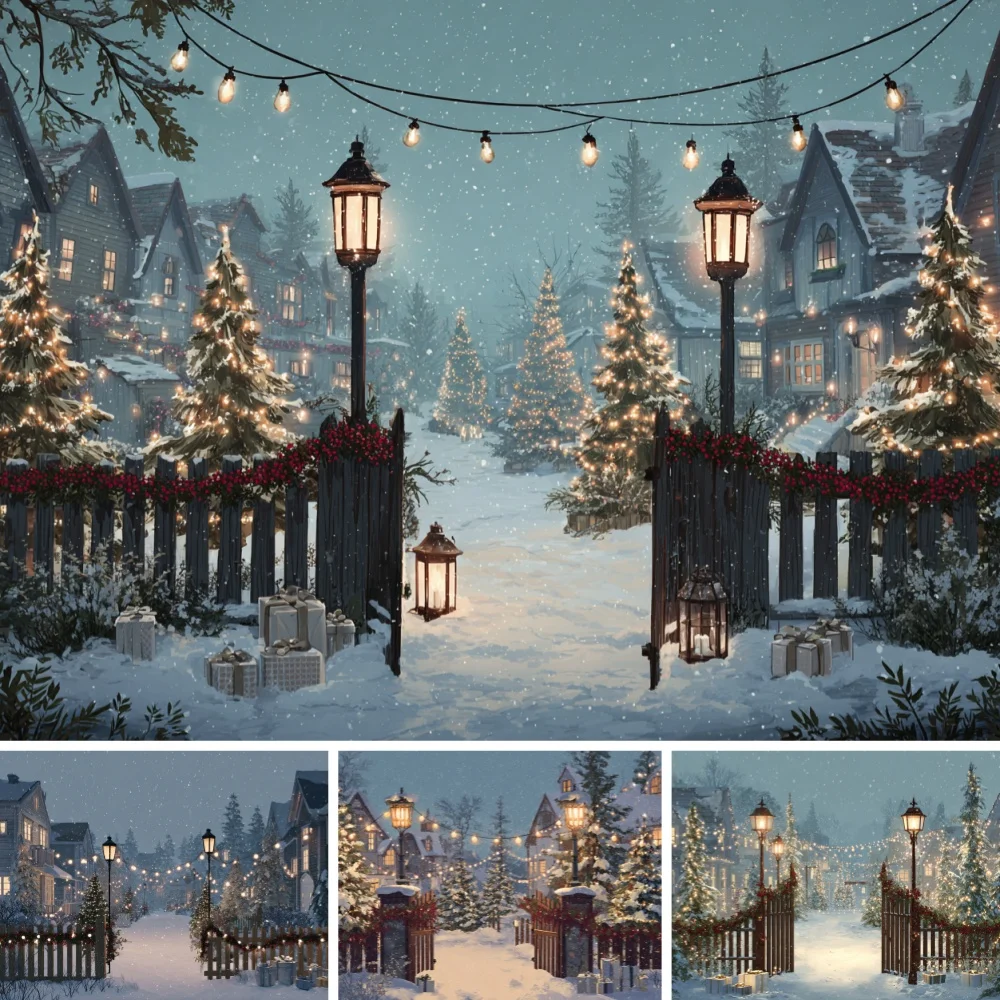 Snowy Christmas Village Backdrop Street Lamp Fence String Lights Xmas Tree Gift Winter Outdoor Scene Family Photo Background