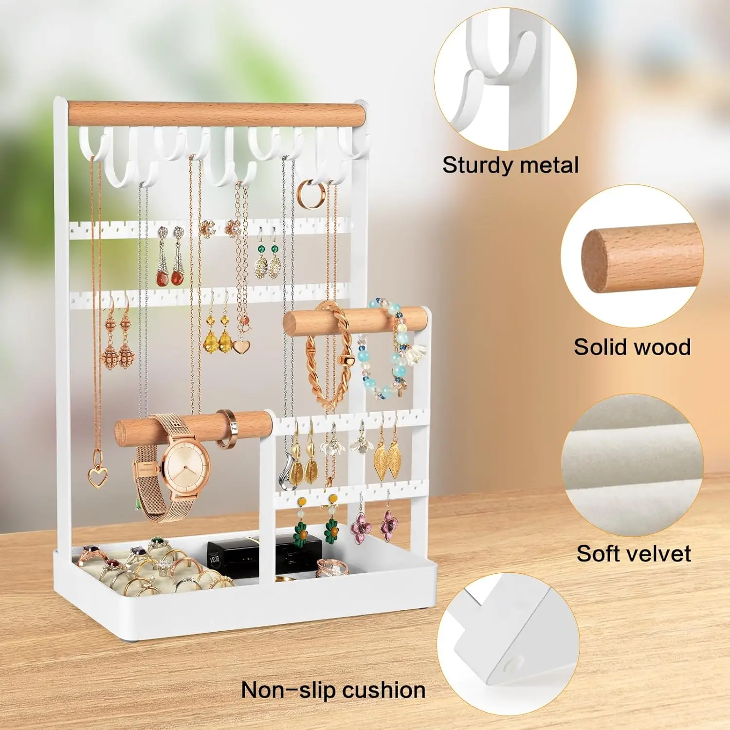 Jewelry Organizer Necklace Holder, 6-Tier Earring Display Rack with 12 Hooks for Bracelets, Rings, Watches