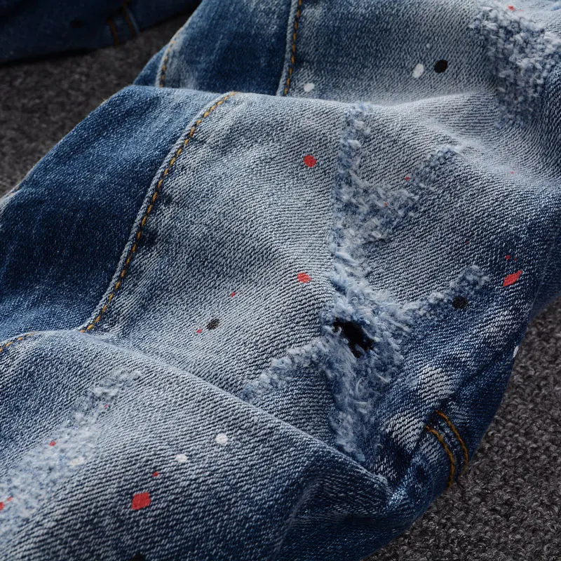 Fashion Designer Men Jeans Retro Washed Blue Elastic Slim Painted Ripped Jeans Men Spliced Hip Hop Vintage Denim Pants Hombre