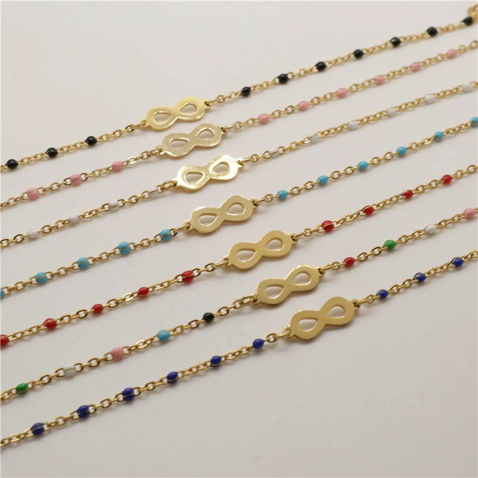 Stainless Steel Bracelets Enamel Gold Color Multicolor Infinity Symbol Women Hand Link Chain Jewelry Gifts 18cm long, 1 Piece