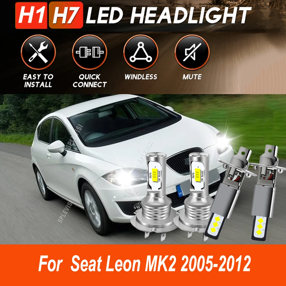 H1 H7 Main Dipped Beam LED Headlight Bulbs Optimal Beam Pattern 6000K HID Whtie For Seat Leon MK2 2005 2006 2007 2008 2009-2012