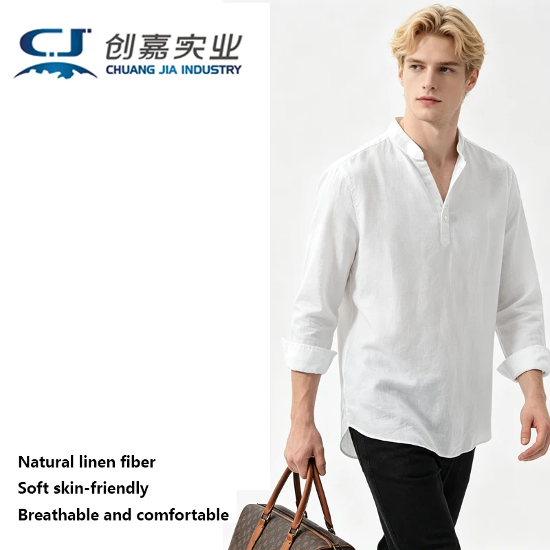 Linen Spring Summer Men's Long-sleeved Stand Collar T-shirt Gray Pullover Outdoor Play Casual Jogging Cool Waken Sweat Loose