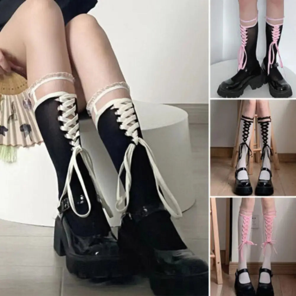 

Lace Lolita Knee-high Lace Stockings New Free Size Nylon Gothic Black Lace up Socks JK Calf Socks