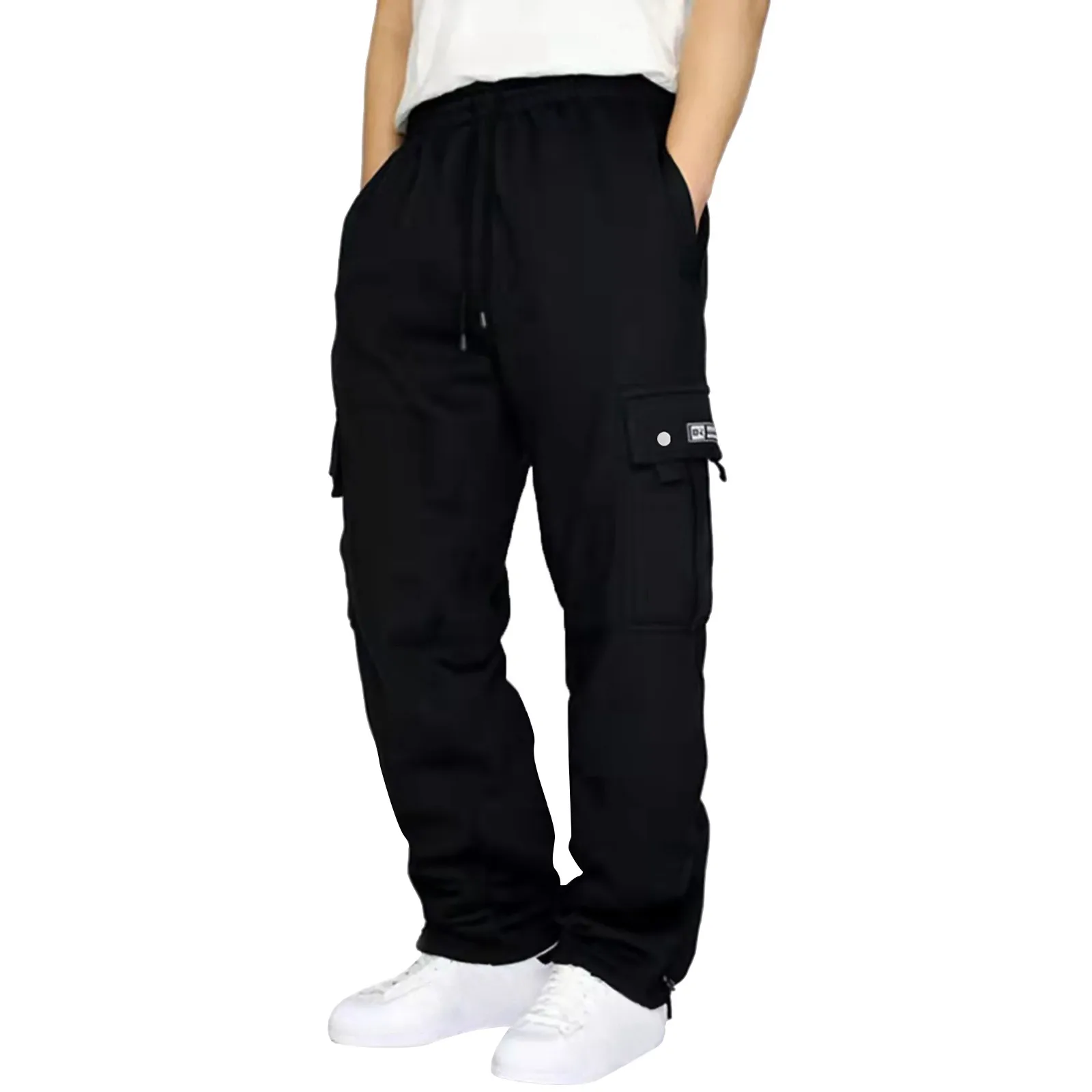 Male Fitness Running Long Trousers Drawstring Loose High Waist Solid Color Multiple Pocket Fleece Casual Sweatpants For Men