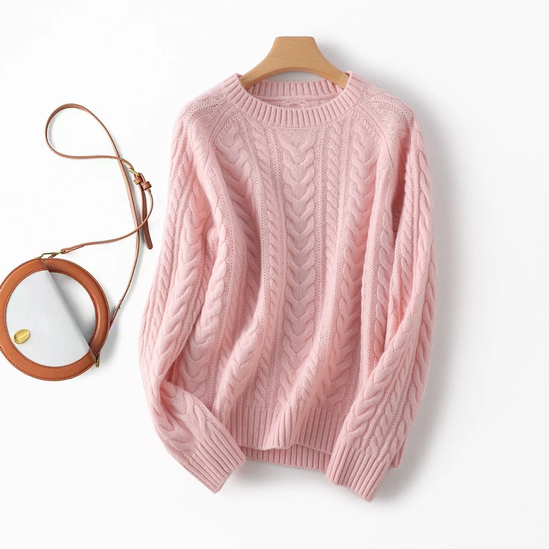 Birdtree Sweater Rajut Solid 100% Wol Domba yang Hangat, Wanita Teknik Twist Kerah O Lengan Panjang Pullover Musim Gugur T59459JF