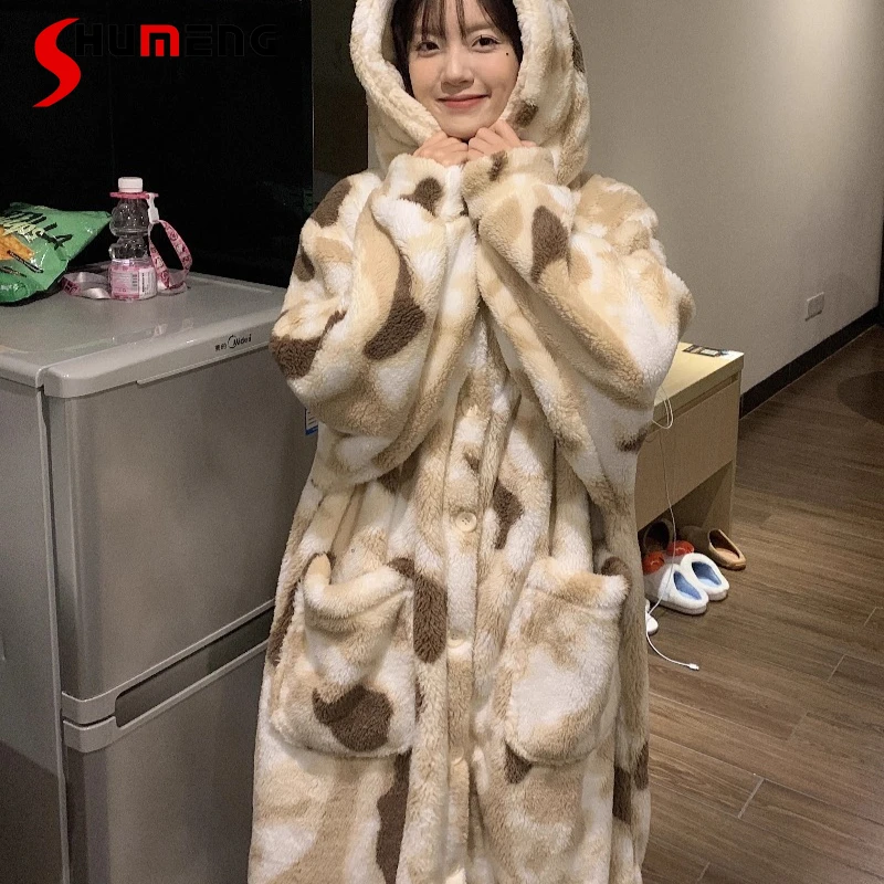 

Thickened Fleece Pajamas for Women Winter New Fleece Nightgown Gown Sets Female Autumn Winter Japanese Style Homewear Set