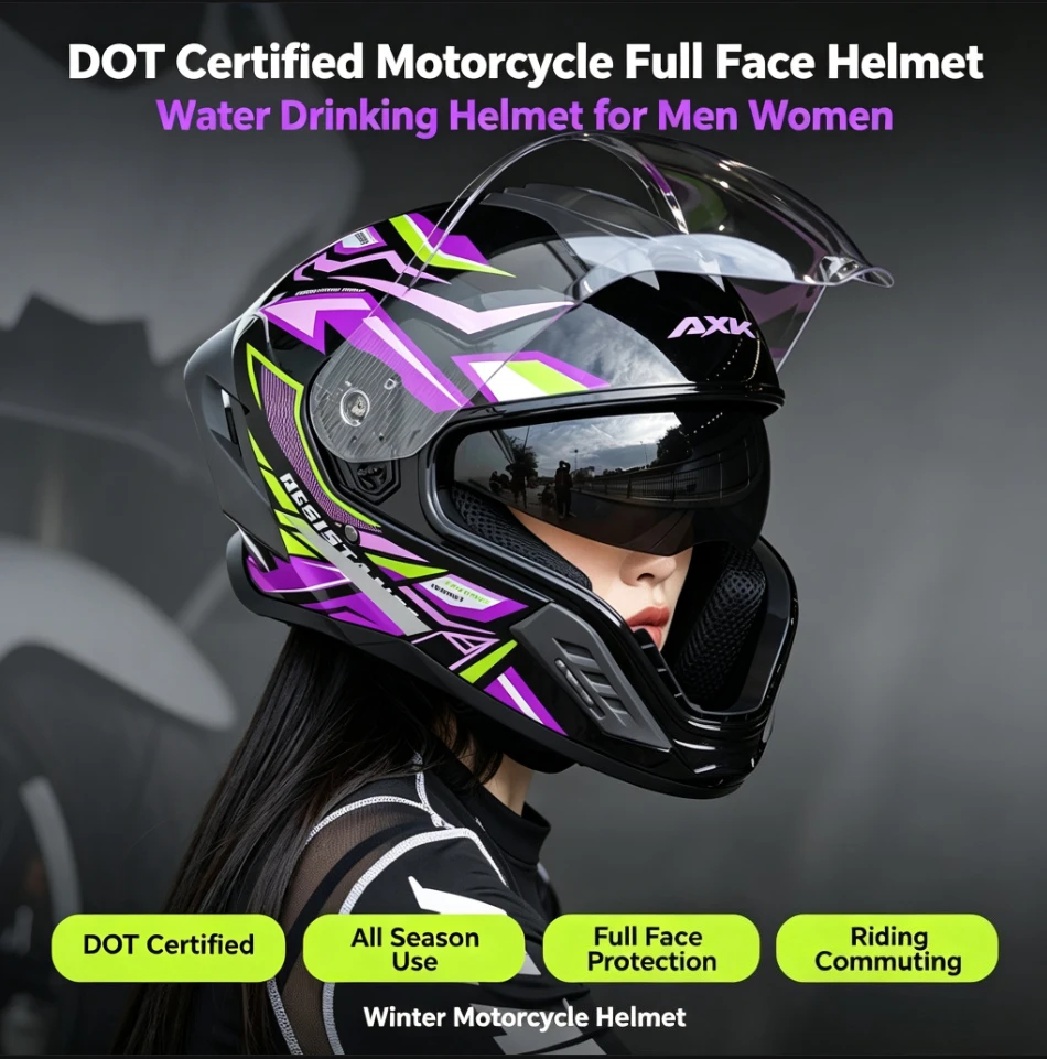 Full Face Motorcycle Helmet With Bluetooth - DOT-Zertifizierter Ganzjahres-Vollgesichts-Motorradhelm mit Trinkdesign für Männer