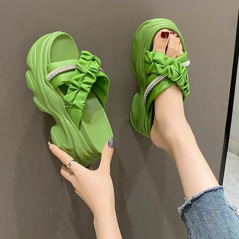 9CM Heels Chunky Slippers For Women Open Toe High Platform Leather Sandals Woman New Summer Thick Bottom Beach Bling Flip Flops