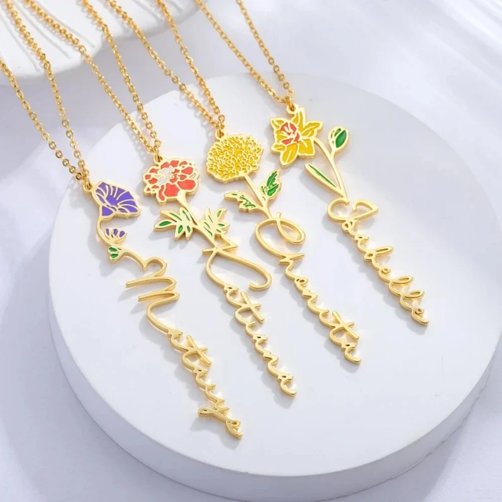 

Custom Name Necklaces for Women Personalized Birth Month Flower Enamel Stainless Steel Nameplate Pendant Necklace Birthday Gifts