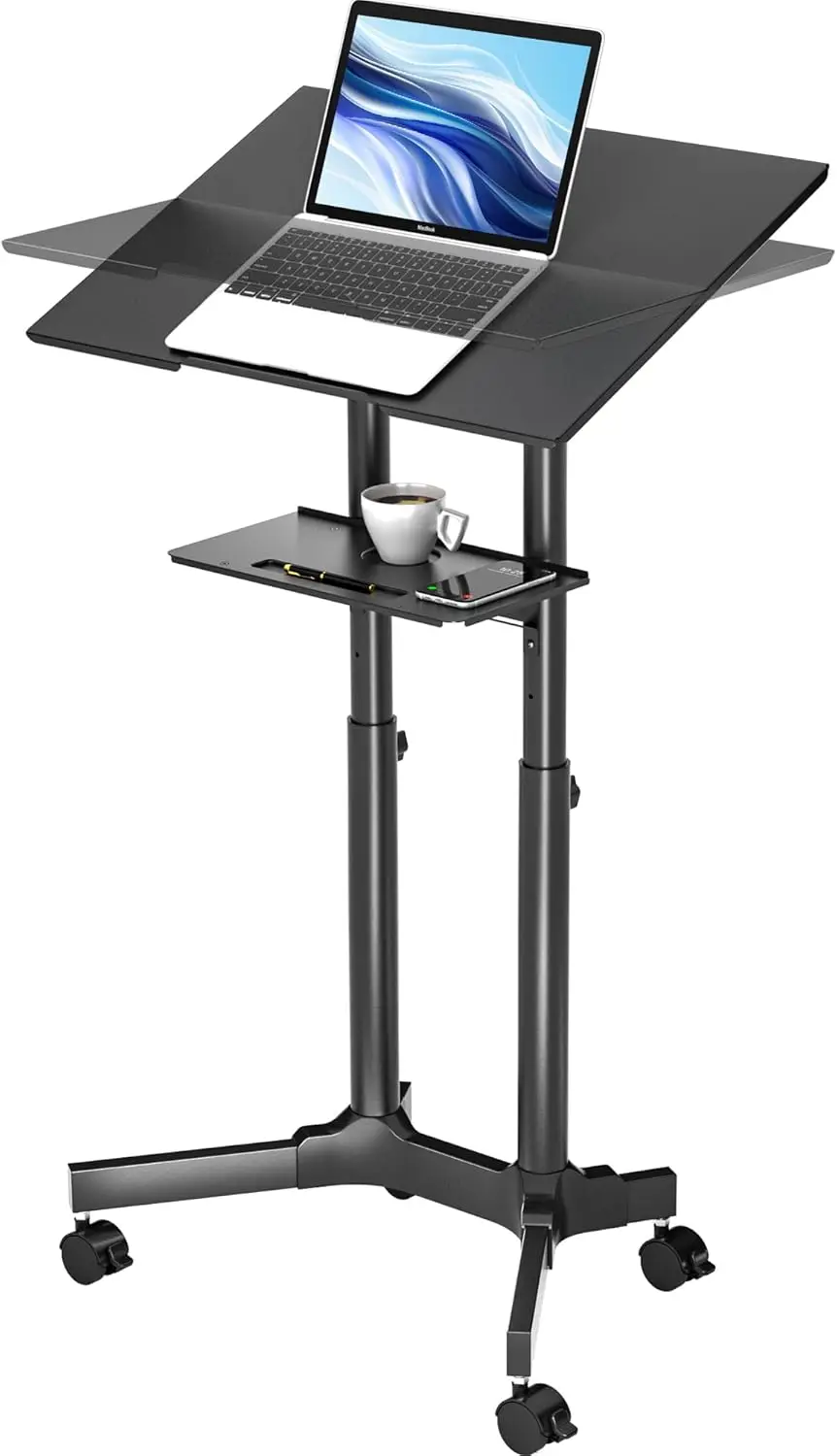 

Portable Adjustable Sit-Stand Laptop Desk with Storage, Mobile Rolling Cart for Home Office and Classroom