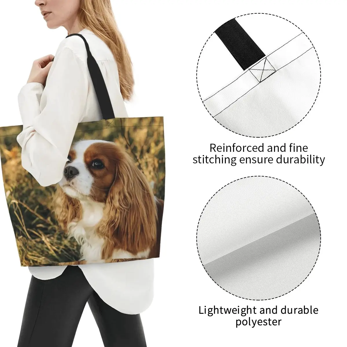 Custom Cavalier King Charles Spaniel Square Shopping Tote Bag Canvas Large Capacity Shoulder Bags Shopper Grocery Handbag