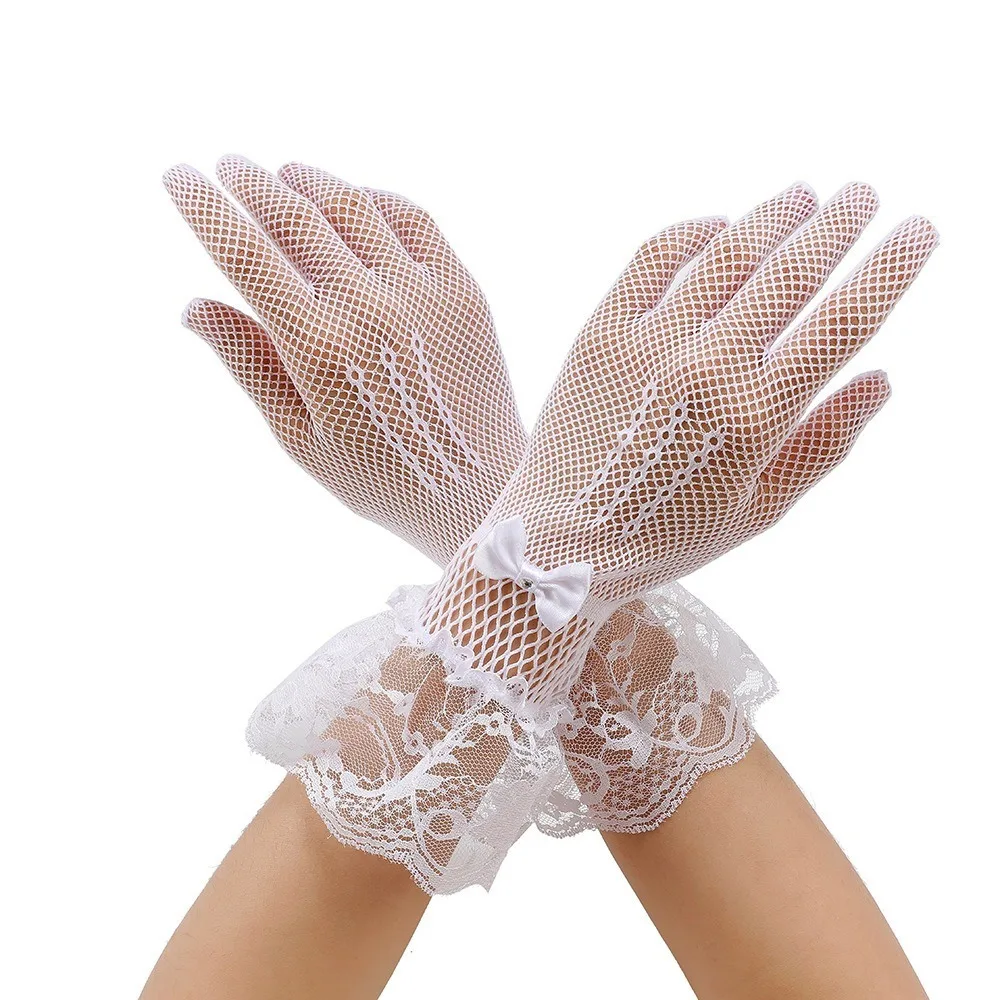 New Lace Fishnet Gloves Stretchy Breathable Bride Gloves Mesh Bow Design Mittens Ladies