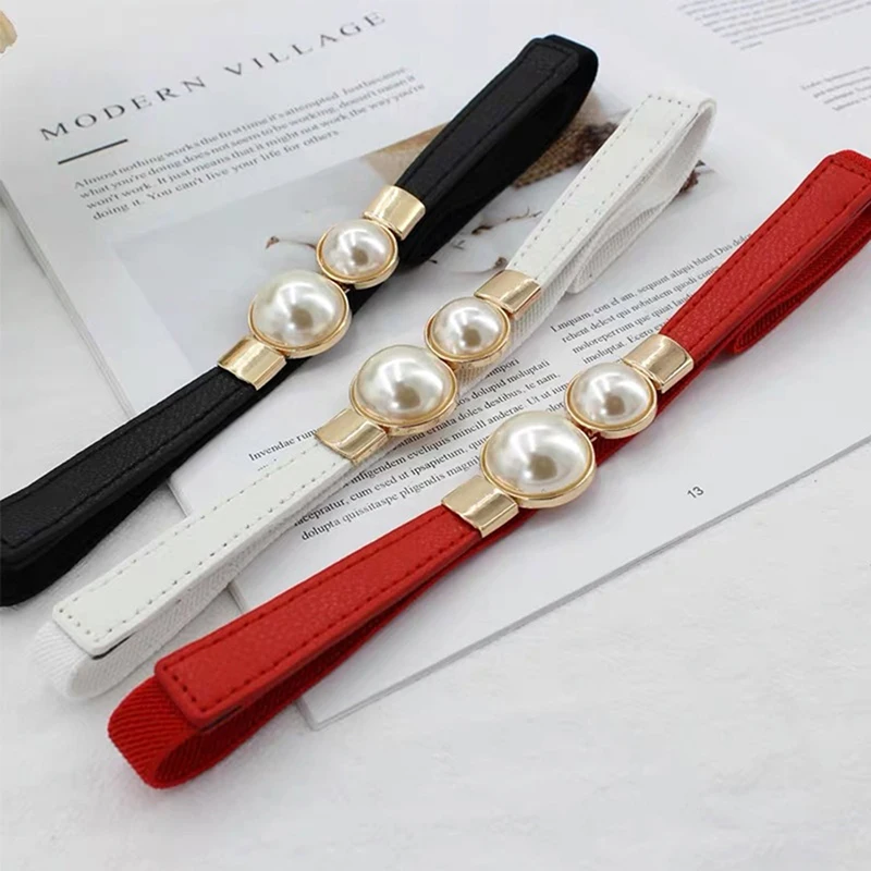 Pearl Buckle Belt PU Leather Dress Skirt Waist Elastic Thin Women Belts Ladies Waistband Accessories