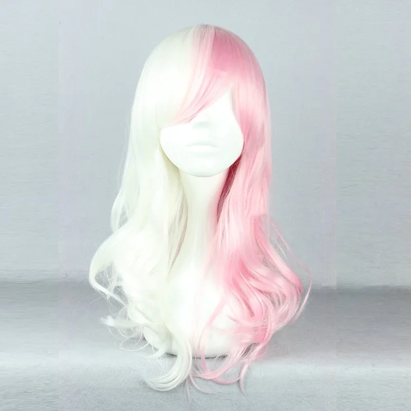 Anime danganronpa monomi feminino longo encaracolado peruca cosplay traje dangan ronpa branco rosa mix cabelo sintético perucas de festa de halloween